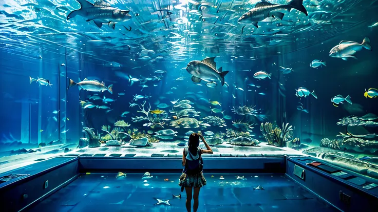 huge, Dim Illuminated, futuristic aquarium, (blue rays and blue water:1.2) ,(detailed expression:1.5), (私はhuge水槽の中で泳ぐ多くの魅力的な群れの魚を見ている:1.5) . soft blue surface , (Majestic rays , hugeマンボウ, and、large colorful tropical fish are swimming in the tank:1.5),(Shri...