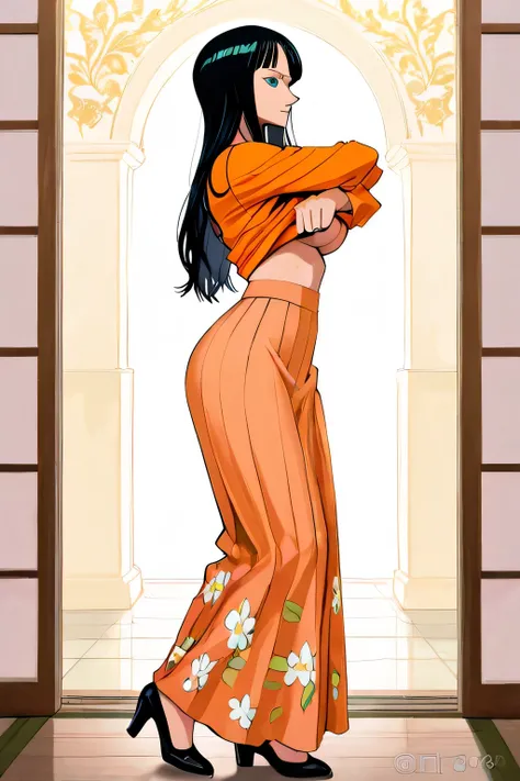 High quality、MASTERPIECE、4K、8k、16K,Nico Robin, close mouth, score_9, score_8_up, score_7_up, source_anime, best quality, black hair, long hair, large breasts, perfect body, looking away, lift up clothes, clothes lift, undressing, thighs, completed 120%,Na...
