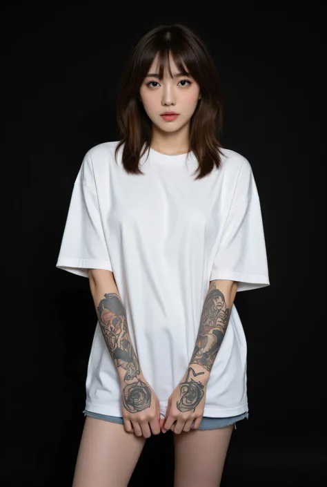 A Korean woman with bangs, medium hair, wearing a plain white oversized t-shirt, her hands and arms full of tattoos, wearing short jeans, standing facing the camera, her face expressionless facing the camera, background black.