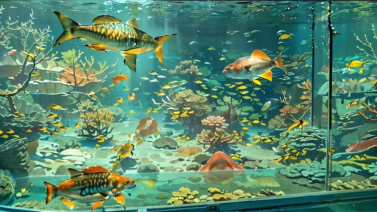 huge, Dim Illuminated, futuristic aquarium, When the light is dancing in the water , (私はhuge水槽の中で泳ぐ多くの魅力的な群れの魚を見ている:1.5) . soft blue surface , (Majestic rays , hugeマンボウ, 、A big colorful tropical fish is swimming in the tank:1.5),(shrimp, Crab, Starfish, A...