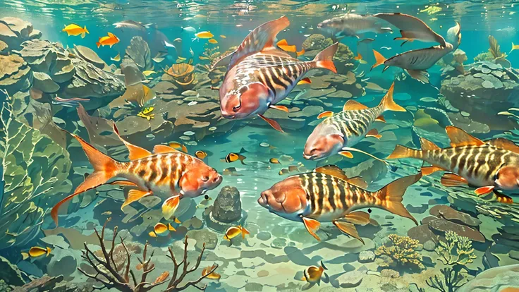 huge, Dim Illuminated, futuristic aquarium, (blue rays and blue water:1.2) ,(detailed expression:1.5), (私はhuge水槽の中で泳ぐ多くの魅力的な群れの魚を見ている:1.5) . soft blue surface , (Majestic rays , hugeマンボウ, and、large colorful tropical fish are swimming in the tank:1.5),(Shri...