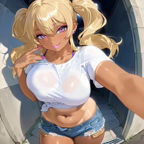 fisheye, tanned, busty, slender gyaru, blonde with two wavy pigtails, she has protruding breasts and an exposed navel, she has long painted nails, she is wearing a white short T-shirt, she is wearing very short ripped denim shorts, she has earrings and pie...