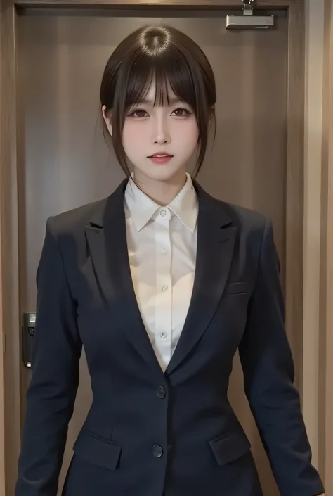 (Disorganized,masterpiece),(BEST LIGHTING FROM ABOVE, Best Shadow, so delicate and beautiful),sf,(1 girl resting),blue eyes, (( hair、short hair)), suits, Standing Picture, 短いhair、Wrinkles in clothing :-2, wooden wall, (female android equipped with a jet:2、...