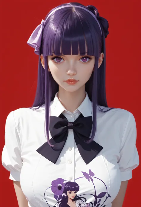 red background, dark purple hair, long hair, purple eyes, 1girl, solo, simple background, bow, blunt bangs, bangs, looking at viewer, bowtie, very long hair, upper body, shirt