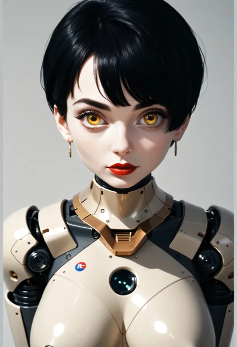 1girl, robot body, robot face, short hair, black hair, black eyebrows, natural eyebrows, big eyes, bionic eyes, yellow eyes, nose, red thick lipstick, beautiful girl, looking at viewer