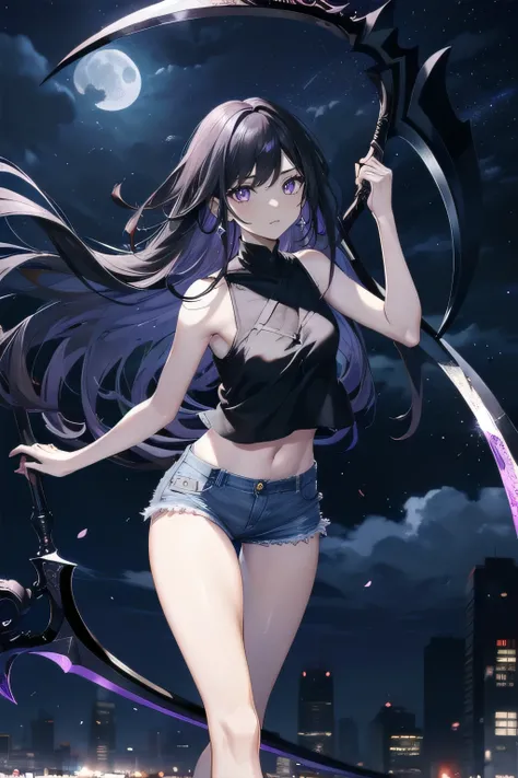 (masterpiece), (best quality), ultra detailed, finely detailed color, cenematic painting, ((holding War scythe)), ((absolutely black scythe)), anime lady, model, ((one lady)), 20-years-old, cute face, black hair, absurdly long hair, straight hair, (violet ...