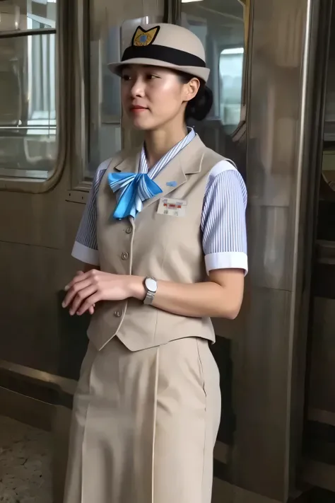 (masterpiece:1.2, Highest Quality:1.2), 32kHDR, high definition, (alone、1 girl on break day)、( Daytime building roof 、Professional Writing)、With the roof of the building in the background 、(JR WOMAN Train Crew Uniform Beige Real Style)、((JR Women Train Cr...