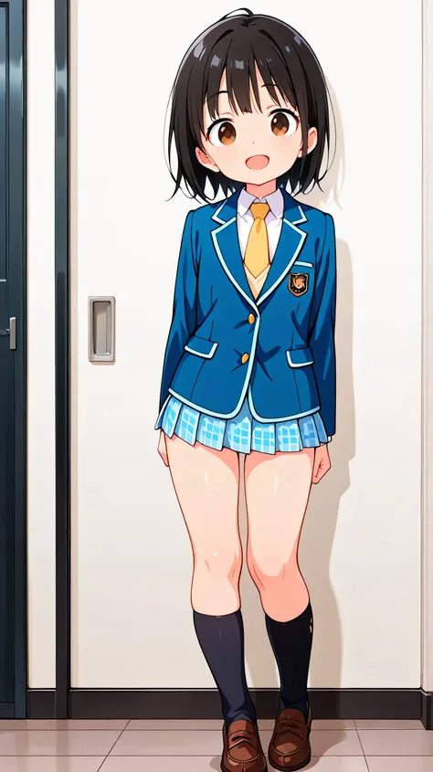 nsfw,(((anime style))),score_9, score_8_up, score_7_up,masterpiece, best quality,ultra detail,negishi masako,1girl,((solo)),short hair,black hair ,long bangs,brown eyes,round eyes,(Flat Chest),school uniform,(((blue blazer))),light blue checkered Pleated m...