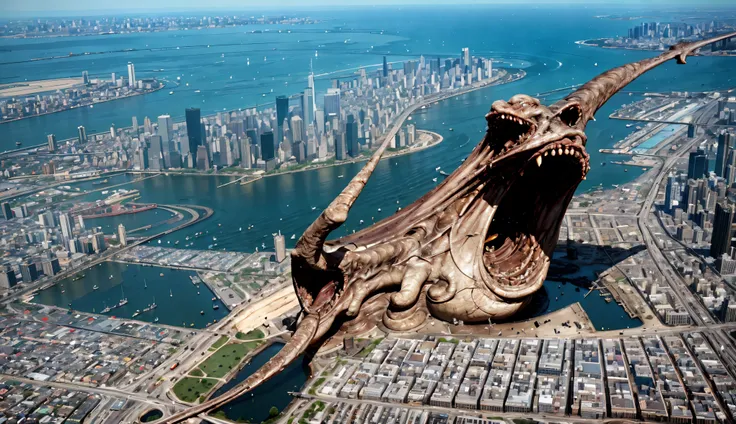 a whole city of New York view from above, a colossal creature destroying the city
