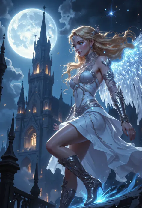 aasimar, female, black angelic wings spread , flying over a fantasy goth church at night, at night, full moon, some stars, wearing white leather dress, with glowing diamonds, small cleavage, high heeled boots, shiny gloden hair, long hair, blue eyes, lon...