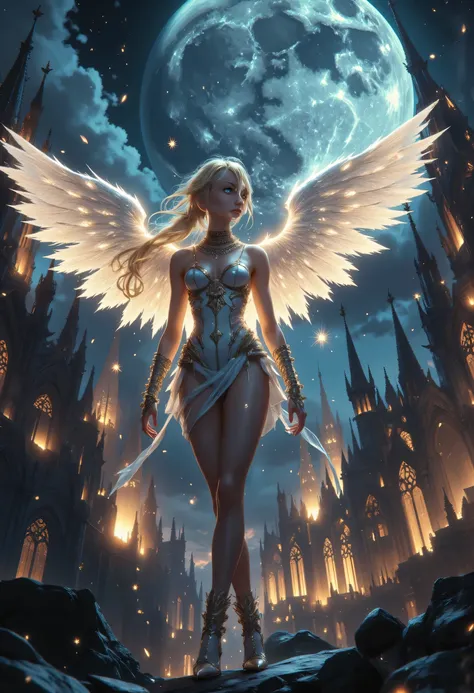 aasimar, female, black angelic wings spread , flying over a fantasy goth church at night, at night, full moon, some stars, wearing white leather dress, with glowing diamonds, small cleavage, high heeled boots, shiny gloden hair, long hair, blue eyes, lon...