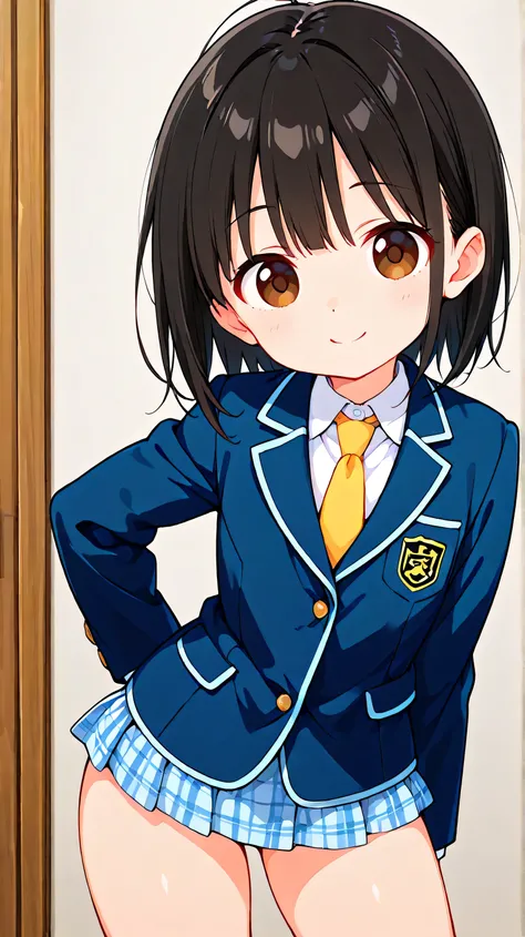 ,((anime style)),score_9, score_8_up, score_7_up,masterpiece, best quality,ultra detail,
,negishi masako ,1girl , ((solo)),
short hair,black hair ,long bangs,brown eyes,round eyes,(Flat Chest),
school uniform,(((blue blazer))),light blue checkered Pleated ...