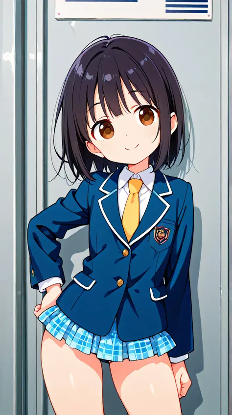 ,((anime style)),score_9, score_8_up, score_7_up,masterpiece, best quality,ultra detail,
,negishi masako ,1girl , ((solo)),
short hair,black hair ,long bangs,brown eyes,round eyes,(Flat Chest),
school uniform,(((blue blazer))),light blue checkered Pleated ...