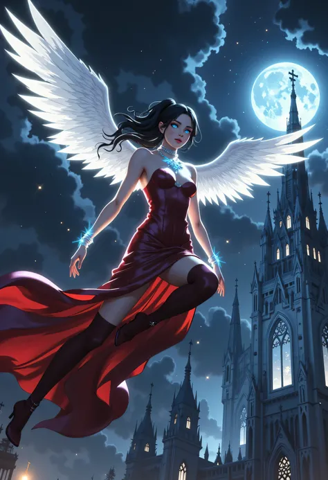 aasimar, female, white angelic wings spread , flying over a fantasy goth church at night, at night, full moon, some stars, wearing red leather dress, with glowing diamonds, small cleavage, high heeled boots, shiny black hair, long hair, blue eyes, long h...