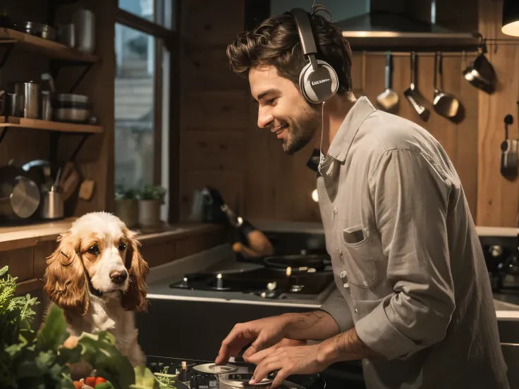 In a small cozy kitchen at night, a guy in a dark shirt and headphones cooks a meal. the DJ console is on the table. He is fully immersed in music, playing with headphones. Next to him is a white American cocker spaniel, which, Seems, is also enjoying the ...