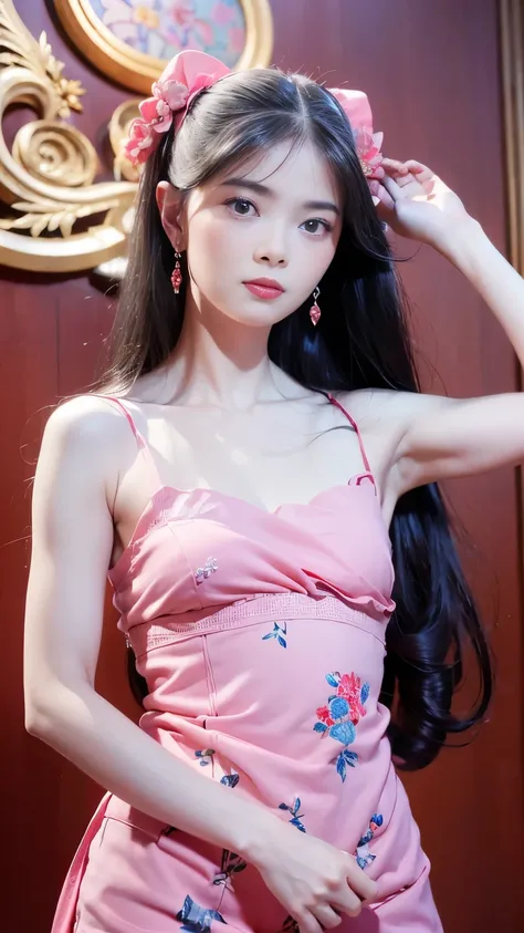 (Best quality,4K,8K,A high resolution,Masterpiece:1.2),Ultra-detailed,(Realistic,Photorealistic,photo-realistic:1.37),Delicate depiction of floral motifs on Pink colour GRACE KARIN Boatneck Sleeveless Vintage Tea Dress, radiant smile, Dynamically capture T...