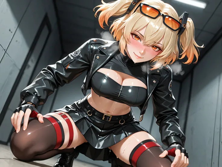 melting intensely:1.0, adult burnice slimegirl melting:1.5, transformation:1.0, orange eyes, blonde hair, short hair, two side up, hair ornament, eyewear on head, black jacket, cropped jacket, long sleeves, fingerless gloves, black tube top, turtleneck, mi...