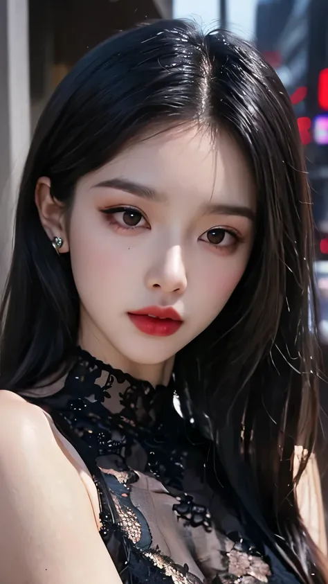 Create a masterpiece, ultra-high-definition portrait of a modern Asian female using SeaArt's top-performing realism model, capturing the rich diversity of Eastern beauty under urban light and shadow. Place her in a vibrant cityscape—bustling streets, neon-...