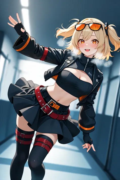 melting:1.0, adult burnice slimegirl melting:1.5, orange eyes, blonde hair, short hair, two side up, hair ornament, eyewear on head, black jacket, cropped jacket, long sleeves, fingerless gloves, black tube top, turtleneck, midriff, belt, black skirt, blac...