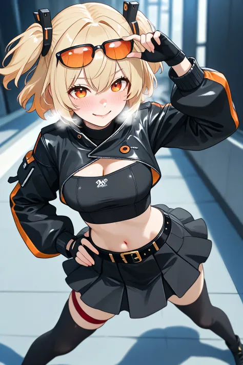 melting:1.0, adult burnice slimegirl melting:1.5, orange eyes, blonde hair, short hair, two side up, hair ornament, eyewear on head, black jacket, cropped jacket, long sleeves, fingerless gloves, black tube top, turtleneck, midriff, belt, black skirt, blac...