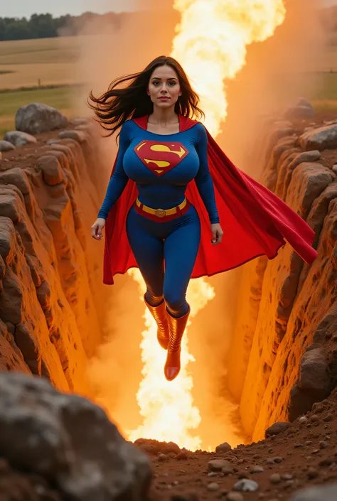 An ultra-detailed, 8K photo-realistic cinematic scene of a sexy young woman with absurdly large thick, exagerated oversized breast falling down into the a deep crator at kents farm with incredible speed. She has striking two-tone hair — one side jet black,...