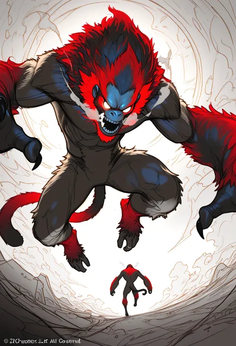 Game monster, sketch, concept art, monkey mandrill, bright color,  Breath steam, black and red furr, white eyes, round eyes , glowing eyes, muscular, on plain white canvas, rough, thin lines, 2d, concepts art, large, wide front arms, and small back legs , ...