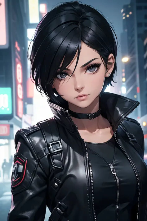 a beautiful adult woman, age group 30 years ,           black eyes with short black hair Pixie style,      aberto na frente     ,  black eyes combining black leather jacket with short black blouse and choker with buckle, tactical style  ,   in a nighttime ...