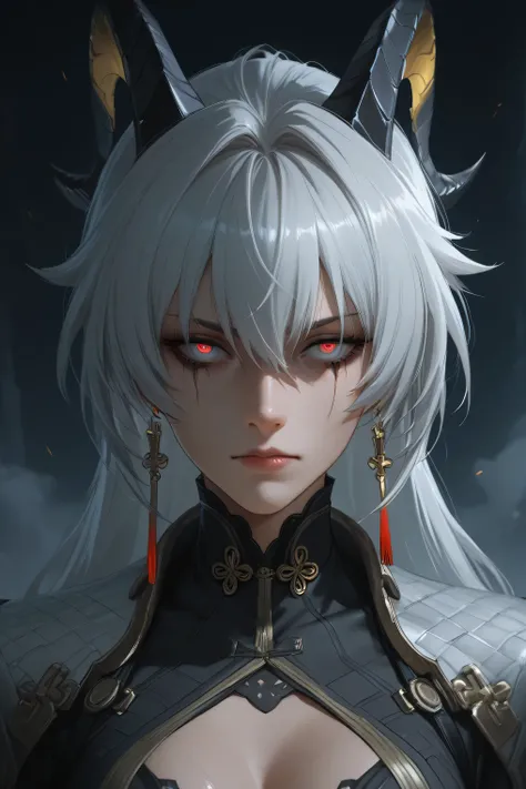 Zani from wuthering waves, black majestic hoat horns, Very detailed eyes, long silver hair, badass, epic, cinematic, front view, death stare, dead eyes, hot, attractive, detailed face