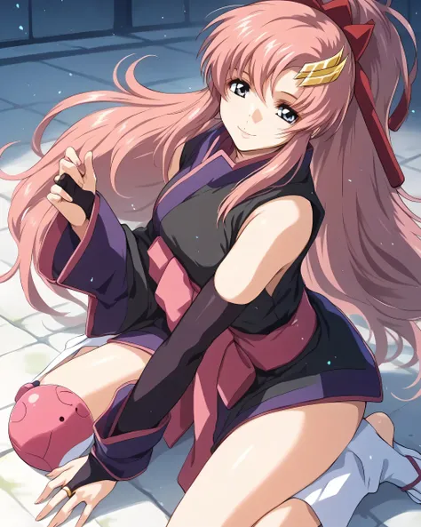score_9,score_8_up,score_7_up,best quality, 4k, rating_safe, very aesthetic, source_anime,1girl,

Lacus ClyneAA,blue eyes,pink hair,long hair,hair ornament,ponytail,hair ribbon,sleeveless,short kimono,sash,black kimono,black bridal gauntlets,elbow gloves,
...