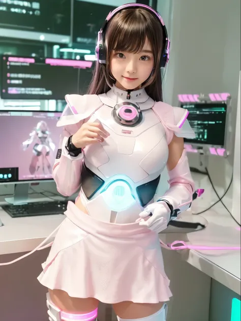 (TOP QUALITY, high resolution,  masterpiece:1.2), very well detailed, realistic:1.37, (Perfect Anatomy),1 girl, actress, cowboyshot,  cute and beautiful 21-year-old girl , very cute face, ( change to cyber digital guardian :1.2), Standing posture ,(Laughte...