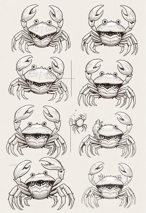 Game monster, sketch, concept art,  on plain white canvas, rough, thin lines, 2d, concepts art, crab with a bunch of crystals on his back, crab