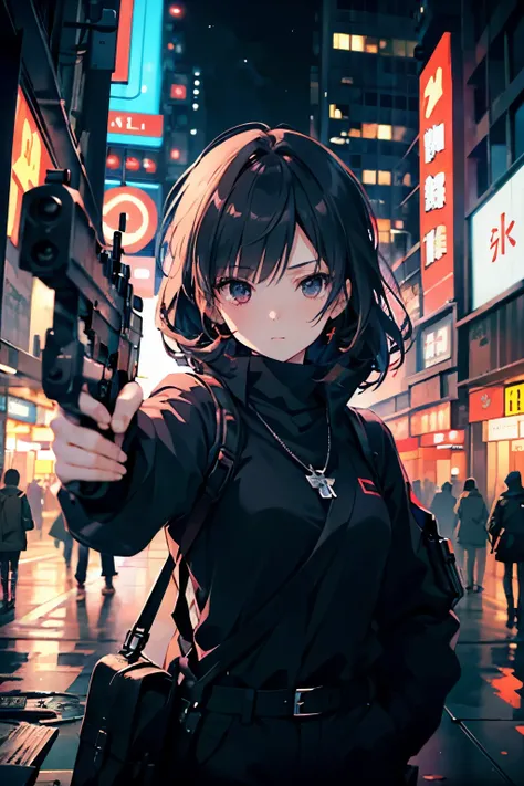 (masterpiece), (beautiful), (atmospheric), (detailed), anime, Cyberpunk, background is blurred, girl, holding a crossbow, aims
