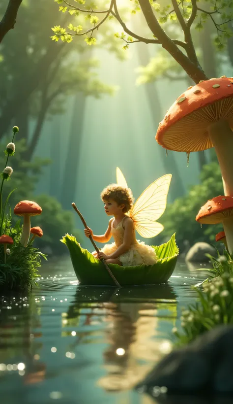 Fairy, 1kid, solo, cowboy shot, tiny stature, peacefully sailing, leaf-boat, down a quiet forest stream, soft fairytale illustration style, delicate glowing wings, dress made of flower petals and moss, sits gracefully on the curved leaf, using a twig as a ...