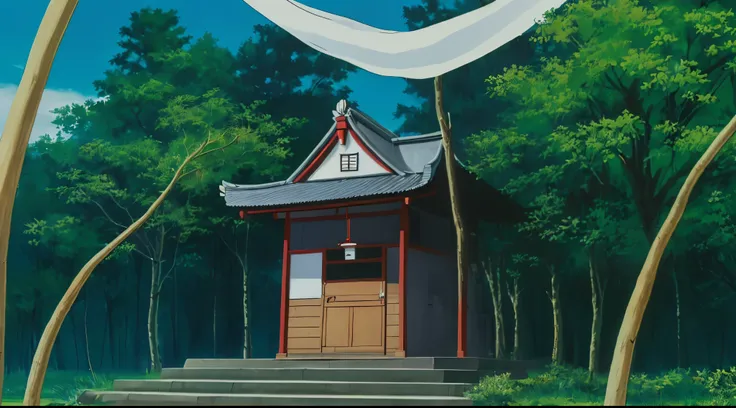 (Drawn in 80’s anime art style. 
Retro anime. Vintage Anime. Classical Anime. 

Location: Higurashi Shrine

Traditional Japanese Shinto shrine on a quiet hill in modern Tokyo, surrounded by tall cedar trees. Stone steps lead up to wooden buildings with cur...