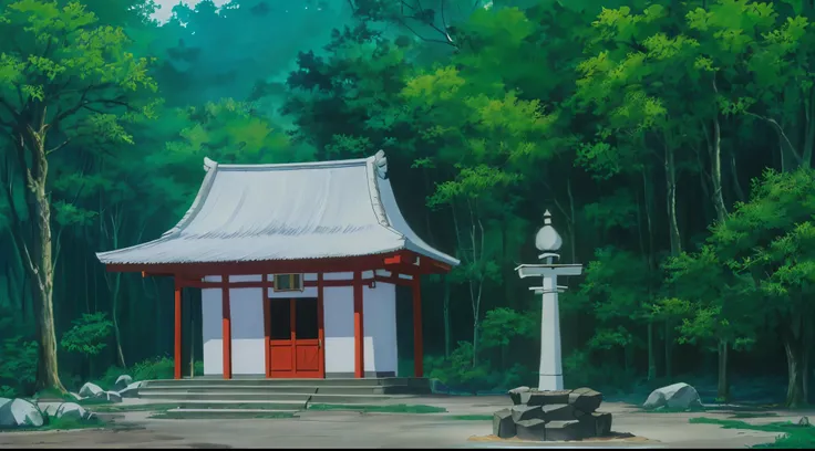 (Drawn in 80’s anime art style. 
Retro anime. Vintage Anime. Classical Anime. 

Location: Higurashi Shrine

Traditional Japanese Shinto shrine on a quiet hill in modern Tokyo, surrounded by tall cedar trees. Stone steps lead up to wooden buildings with cur...