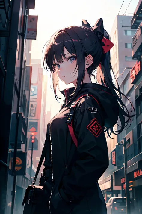 (masterpiece), (beautiful), (atmospheric), (detailed), anime, Cyberpunk, background is blurred, girl, (aims with a bow )