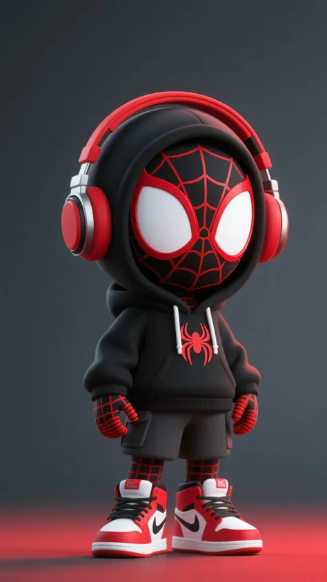3D chibi Miles Morales, black & red Spider-Man suit, white eyes, black hoodie with red logo, red headphones, red & white sneakers. Dark grey gradient background.
