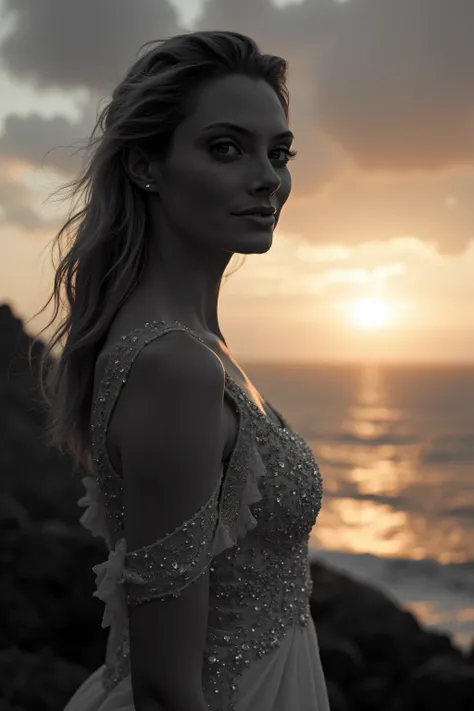 high quality, 8K Ultra HD, sunset coast should serve as the underlying backdrop, with its details incorporated into the goddess , crisp lines, looking at the camera. The background is monochrome, sharp focus,,awesome full color,