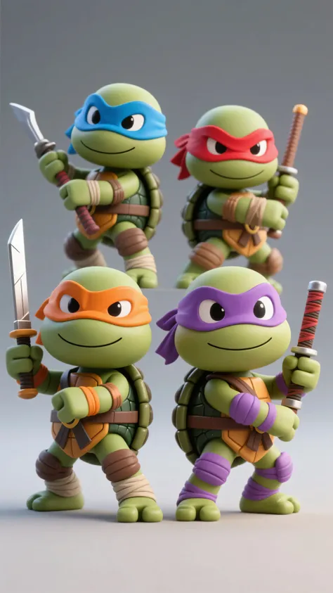 Four 3D chibi age Mutant Ninja Turtles figures, each with distinct colored masks (blue, red, orange, purple) and their respective weapons. Detailed textured skin, shell armor, and fabric wraps. Posed dynamically on a neutral grey background. Toy-like, detailed.

