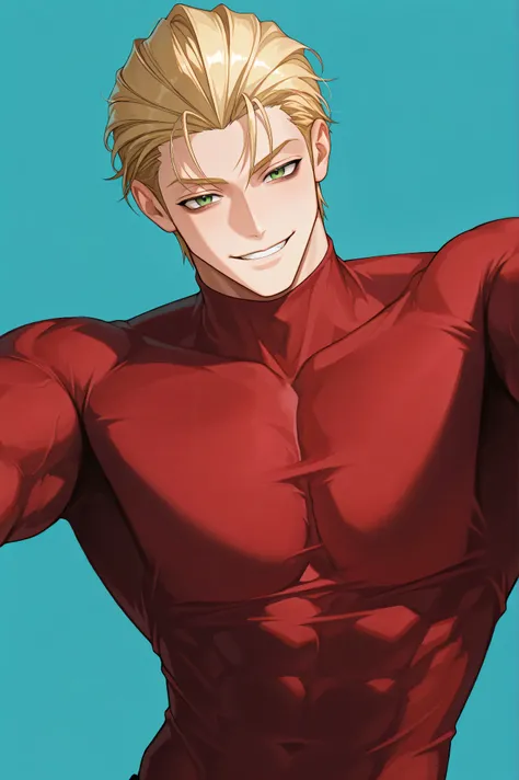 One male , handsome , heavily muscular , bulky body , broad chest , thick arms , short hair , blonde hair , slicked-back hairstyle , keen eyes , green eyes , dark circles under the eyes , playful smile , playful face , red turtleneck shirt , simple backgr...