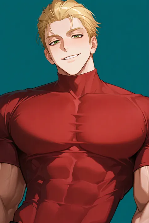 One male , handsome , heavily muscular , bulky body , broad chest , thick arms , short hair , blonde hair , slicked-back hairstyle , keen eyes , green eyes , dark circles under the eyes , playful smile , playful face , red turtleneck shirt , simple backgr...
