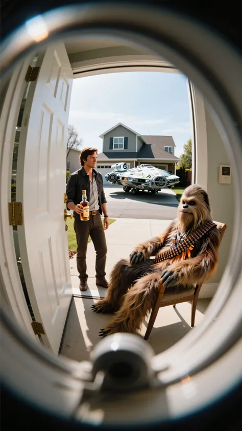Fisheye lens view through a peephole. Han Solo, holding a bottle of whiskey, and Chewbacca, sitting on a chair with a bandolier, are at the front door. The Millennium Falcon is parked in the driveway of a suburban house in the background. realistic.

