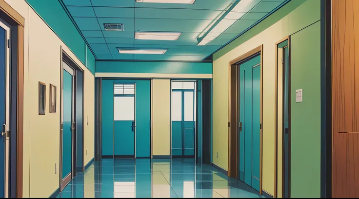 (Drawn in 80’s anime art style)
Retro anime. Vintage Anime. Classical Anime. 

Location: High School (Hallway)

	•	Purpose: Passage between classes, chance encounters.
	•	Design: Long, clean, tile-floored corridors with large windows on one side and classr...
