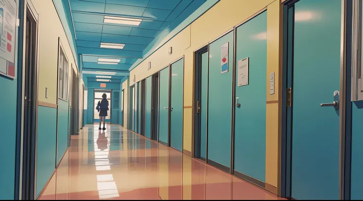 (Drawn in 80’s anime art style)
Retro anime. Vintage Anime. Classical Anime. 

Location: High School (Hallway)

	•	Purpose: Passage between classes, chance encounters.
	•	Design: Long, clean, tile-floored corridors with large windows on one side and classr...