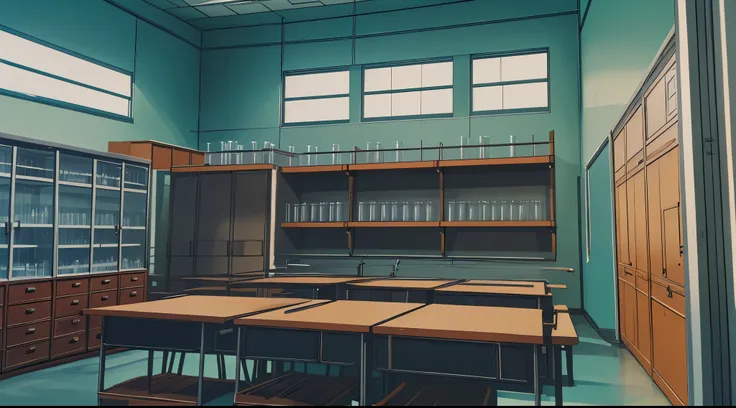 (Drawn in 80’s anime art style)
Retro anime. Vintage Anime. Classical Anime. 

Location: High School (Science Lab)

	•	Purpose: Chemistry and biology classes, sometimes used for mysterious or dramatic scenes.
	•	Design: Larger room with lab tables, burners...