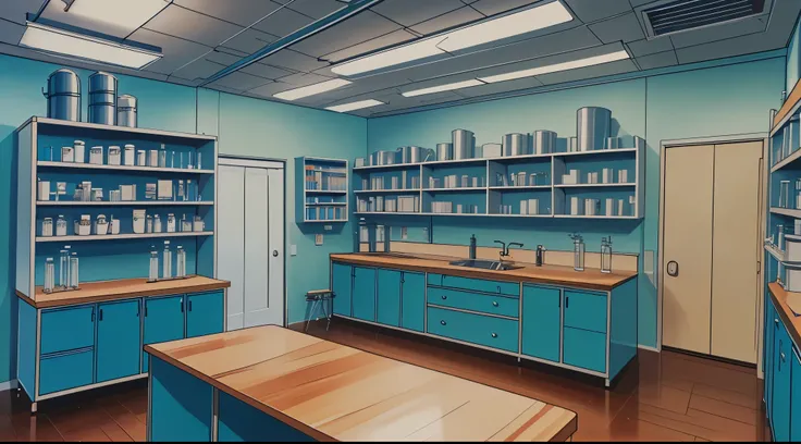 (Drawn in 80’s anime art style)
Retro anime. Vintage Anime. Classical Anime. 

Location: High School (Science Lab)

	•	Purpose: Chemistry and biology classes, sometimes used for mysterious or dramatic scenes.
	•	Design: Larger room with lab tables, burners...