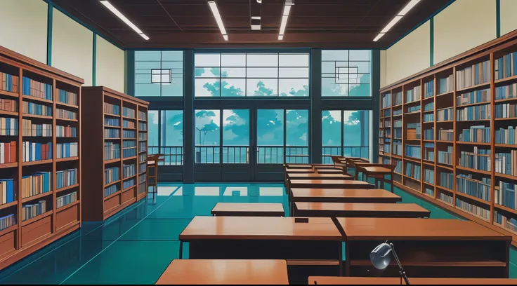 (Drawn in 80’s anime art style)
Retro anime. Vintage Anime. Classical Anime. 

Location: High School (Library)

	•	Purpose: Study, reading, and quiet introspection.
	•	Design: Warm wood shelves filled with textbooks, manga, and classic literature. Small ta...