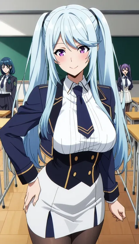 score_9, score_8_up, score_7_up, source_anime top quality、8k、masterpiece、natural light、high accuracy、perfect anatomy、transparent yoga tights for one woman、Mature Woman、medium breasts, sagging breasts:1.6, voluptuous body, epsilon, long hair, twintails, blu...