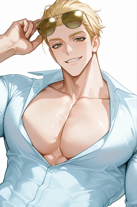 One male , handsome , heavily muscular , bulky body , broad chest , thick arms , short hair , blonde hair , slicked-back hairstyle , keen eyes , green eyes , dark circles under the eyes , playful smile , playful face ,closed light blue dress suit , white ...