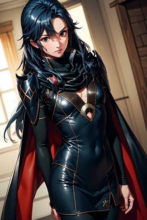 perfect anatomy Highest Quality,highest resolution,(((shiny leather armor cape dark blue hair long hair sweat flat chest))) lukina Fire Emblem Awakening